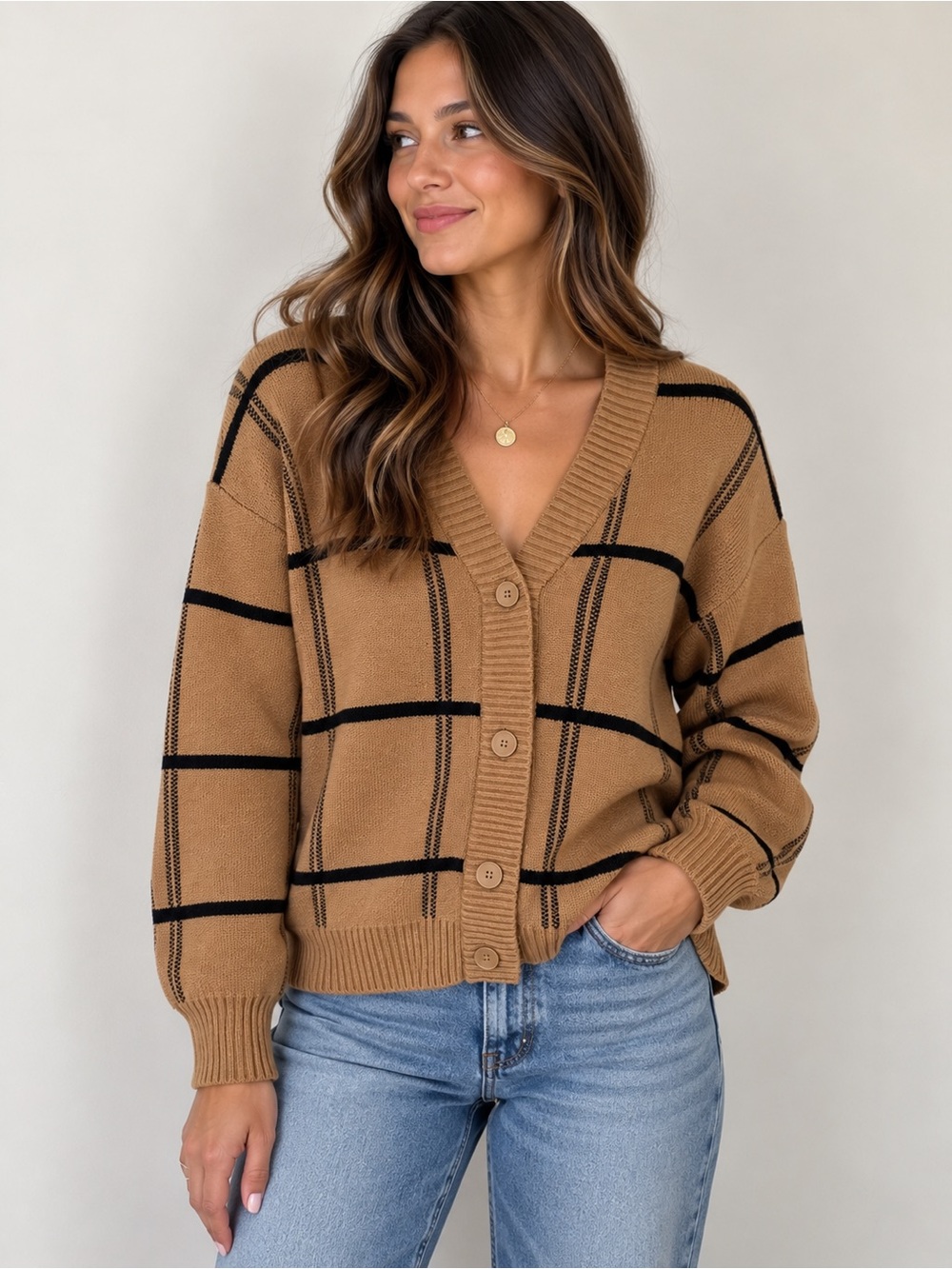 Oak + Fort Camel Windowpane Plaid Oversized Cardigan XS